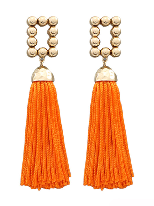 Gold Rectangle Orange Tassel Earrings