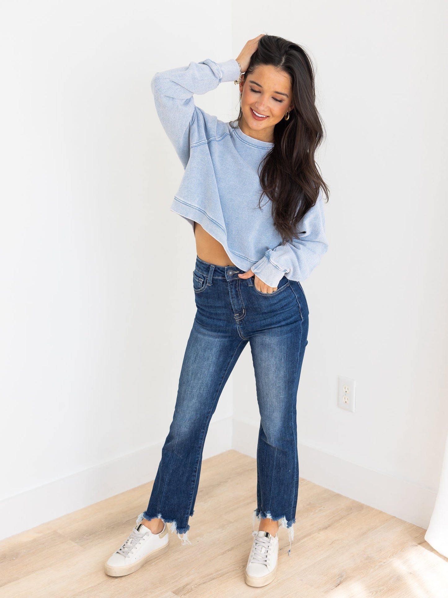 Z Supply Crop Out Knit Denim Sweatshirt